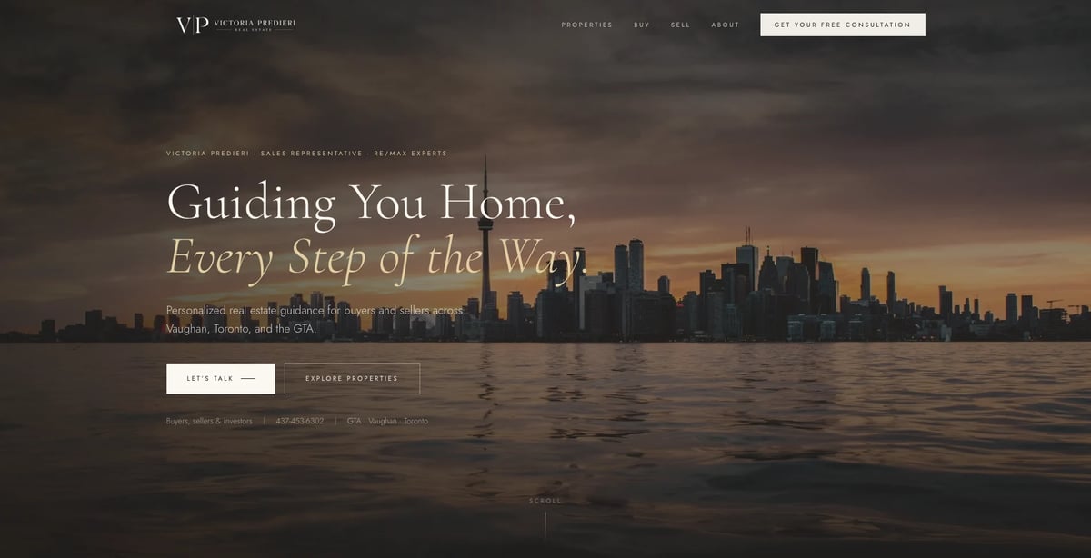 Real estate website homepage with waterfront city skyline at sunset and text Guiding You Home, Every Step of the Way